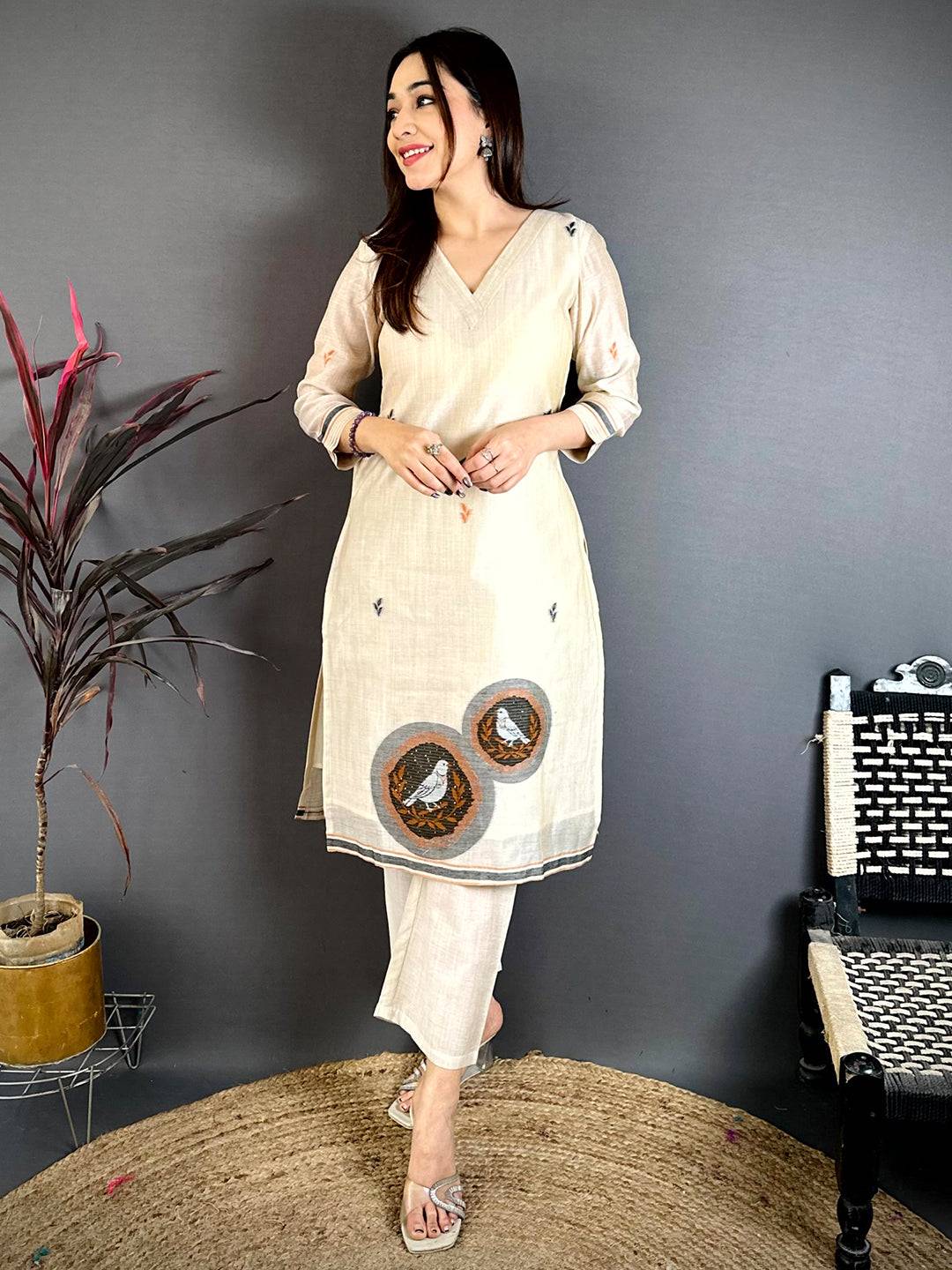 Stylish Beige Floral Cotton Dress