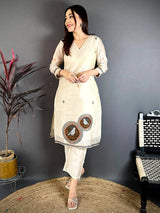 Stylish Beige Floral Cotton Dress