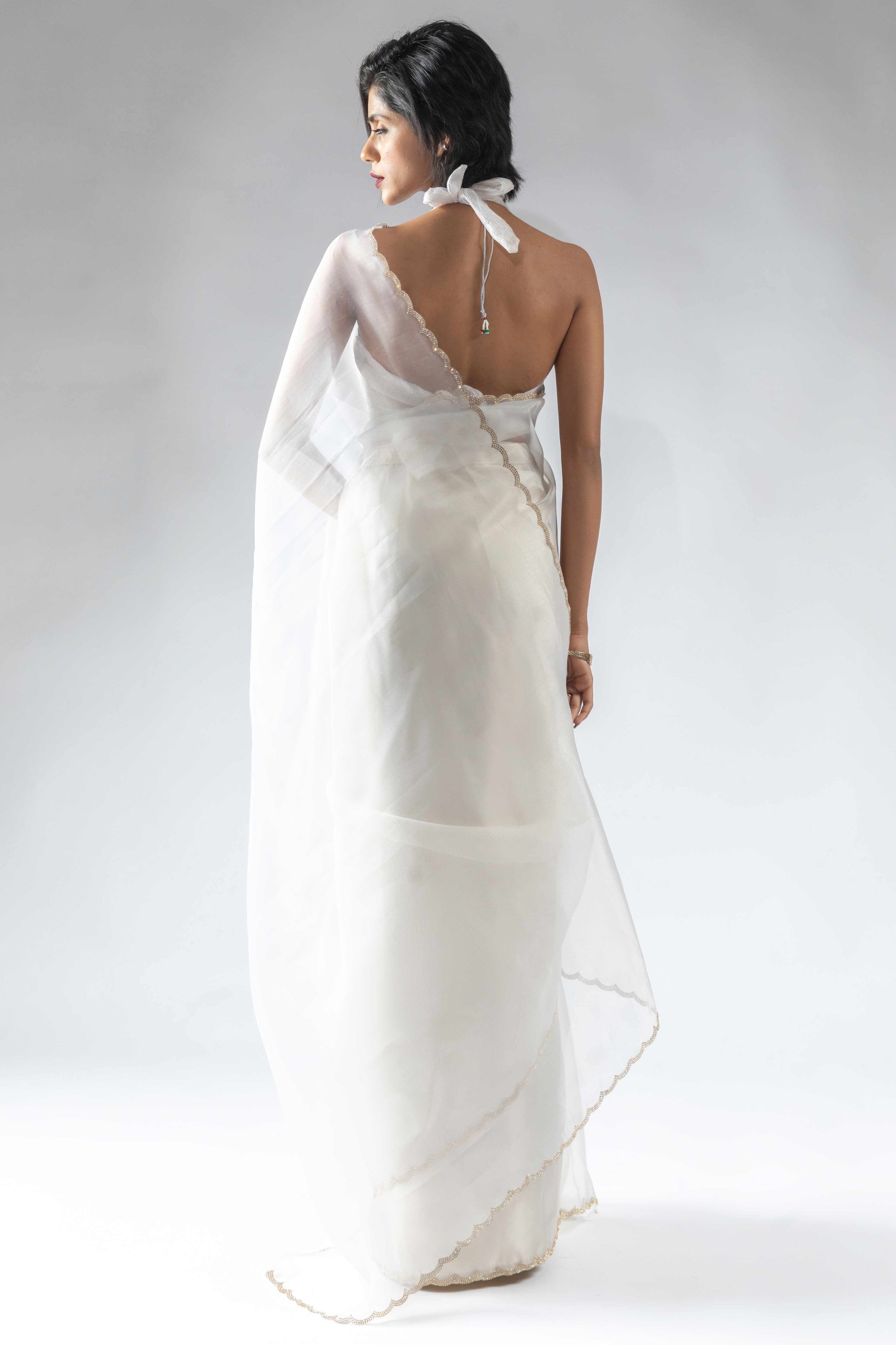 White Solid With Intricate Zarkan Border Organza Ready To Wear Saree