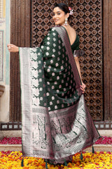 Designer Green Saree Showcasing Peacock & Floral Zari Weaving With Handmade Tassel Pallu