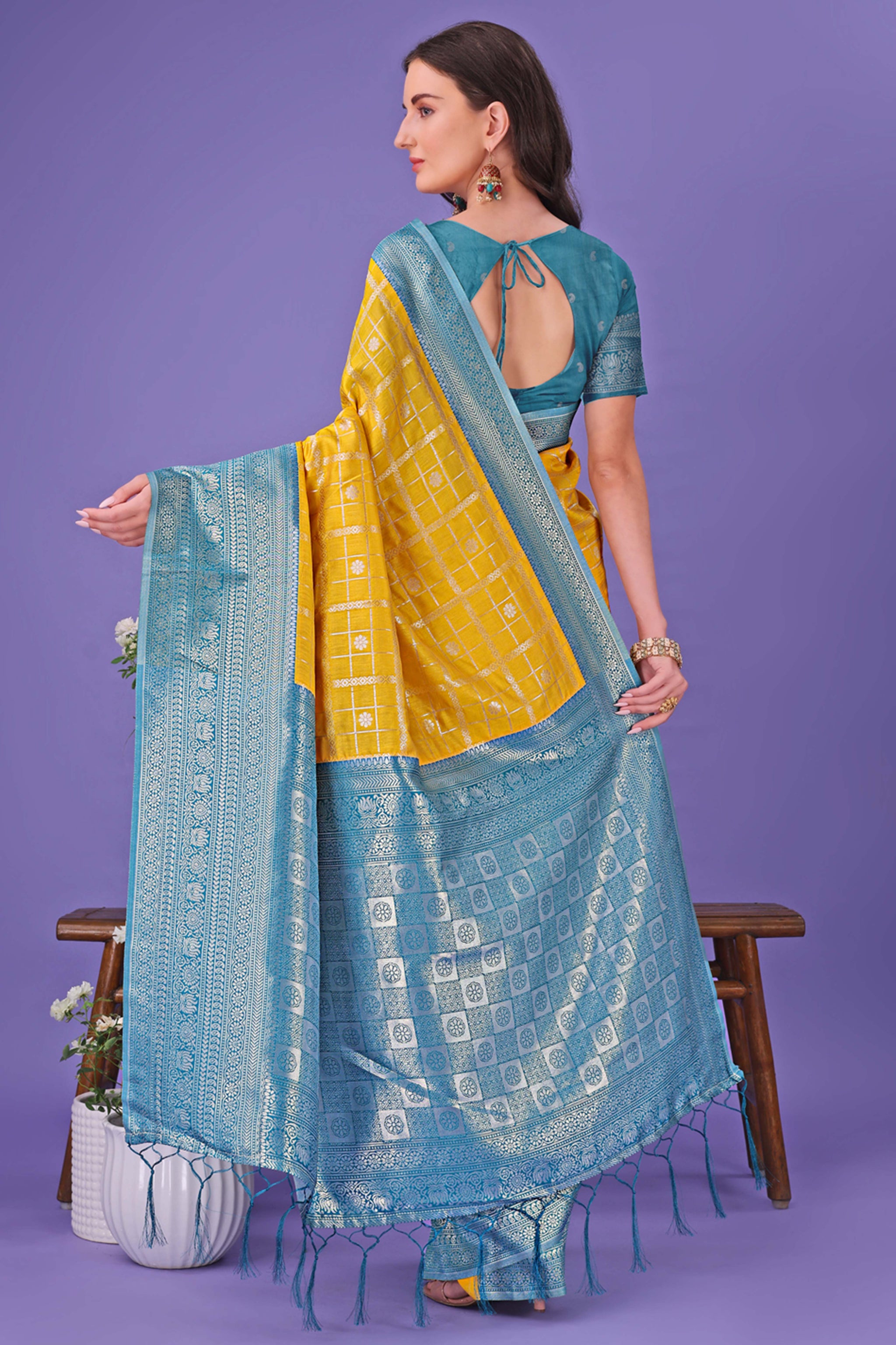 Mustard Banarasi Weave in Checked Design with Lustrous Zari Embellishments