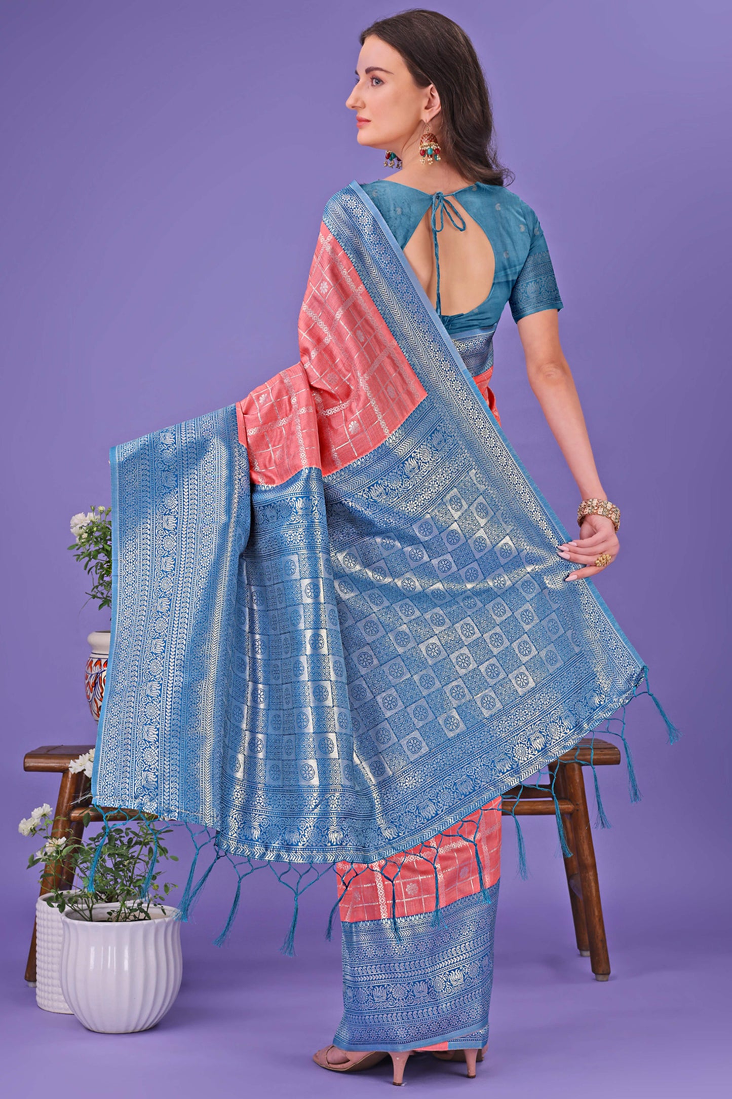 Peach Banarasi Weave in Checked Design with Lustrous Zari Embellishments