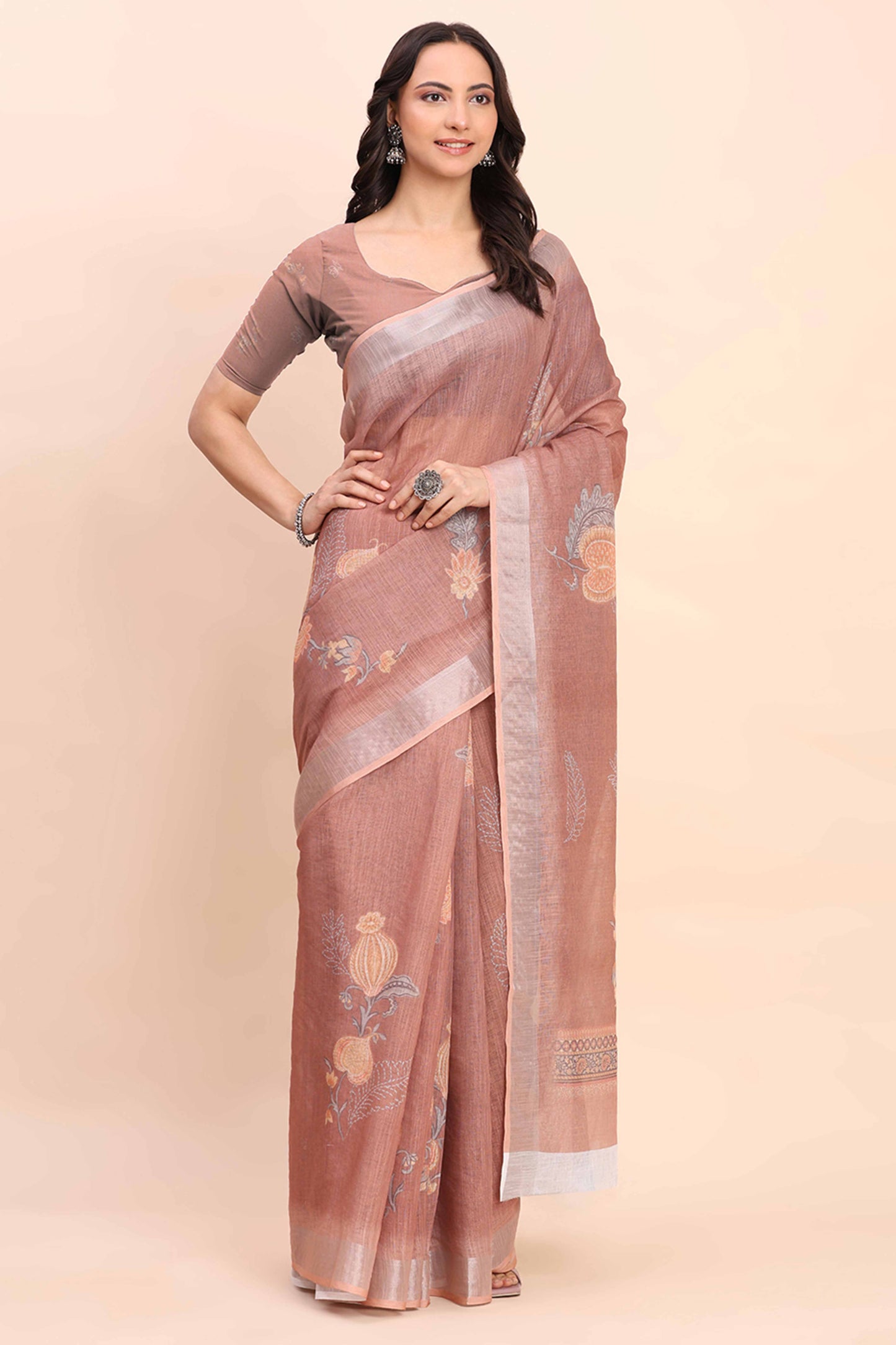 Brown Linen Cotton Saree Featuring Floral Prints & Woven Border