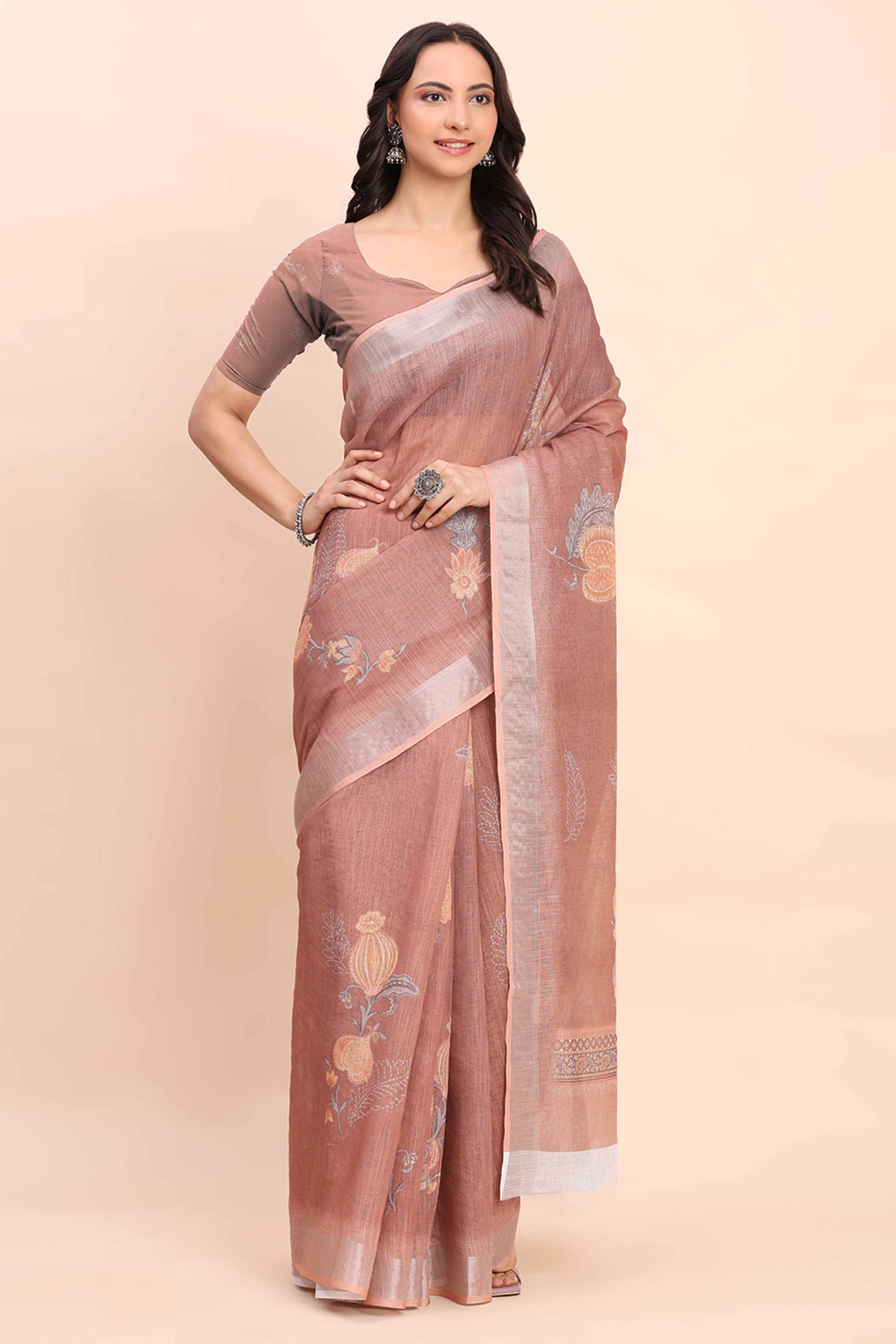 Brown Linen Cotton Saree Featuring Floral Prints & Woven Border