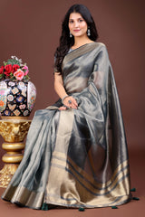 Grey Organza Saree with Zari Border Weaving Trim