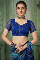 Blue Chiffon Saree Adorned With Traditional Bandhani Print