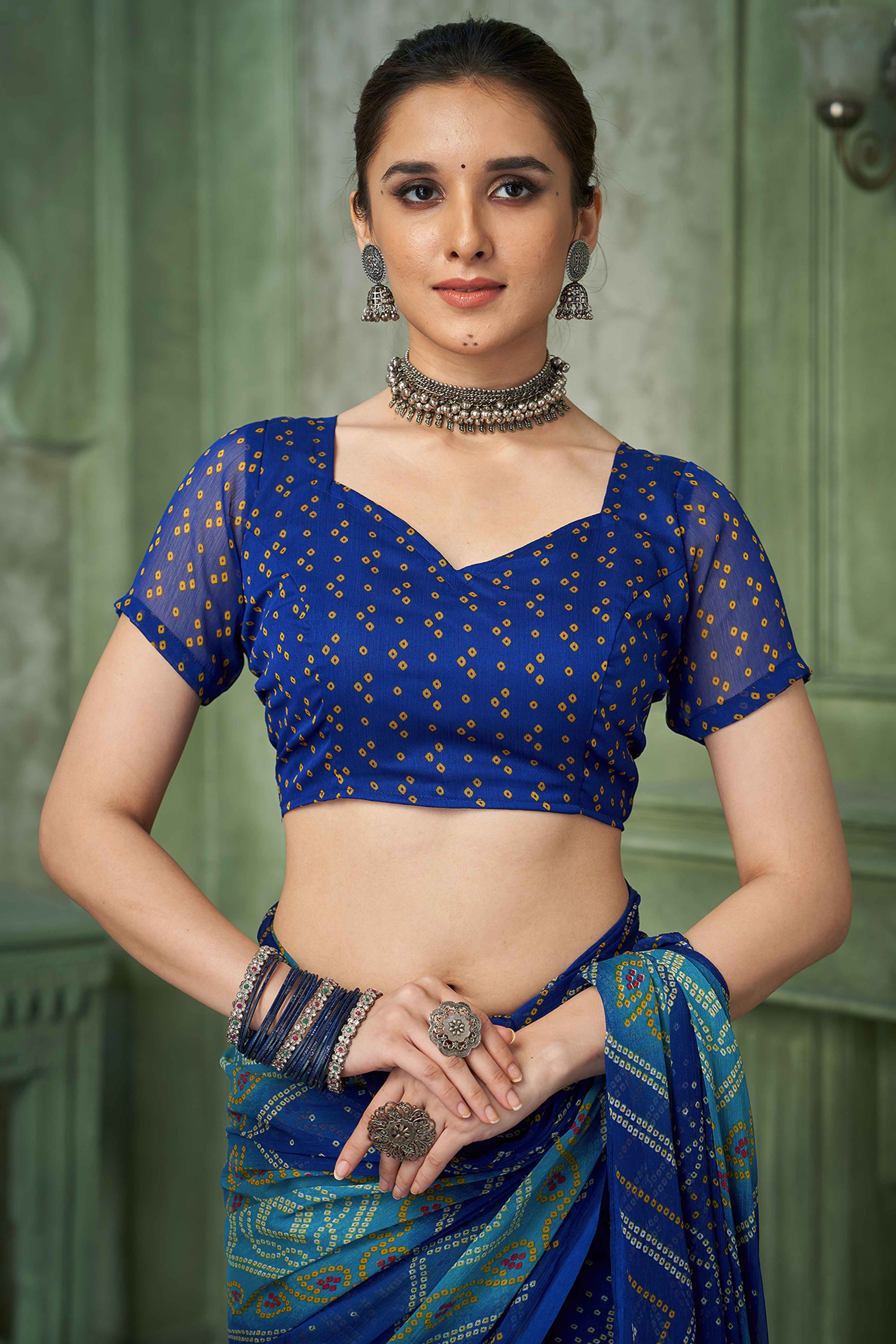 Blue Chiffon Saree Adorned With Traditional Bandhani Print