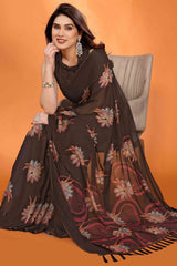Brown Printed Saree with Zari Woven Charm in Satin Fabric