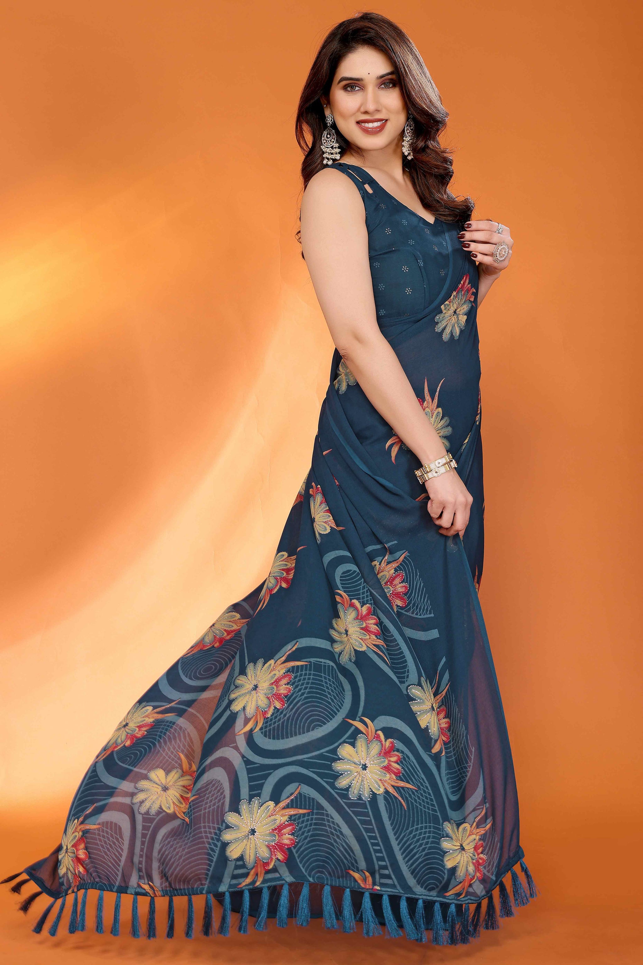 Teal Printed Saree with Zari Woven Charm in Satin Fabric