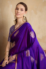 Violet Satin Saree Featuring Intricate Handloom Weaving