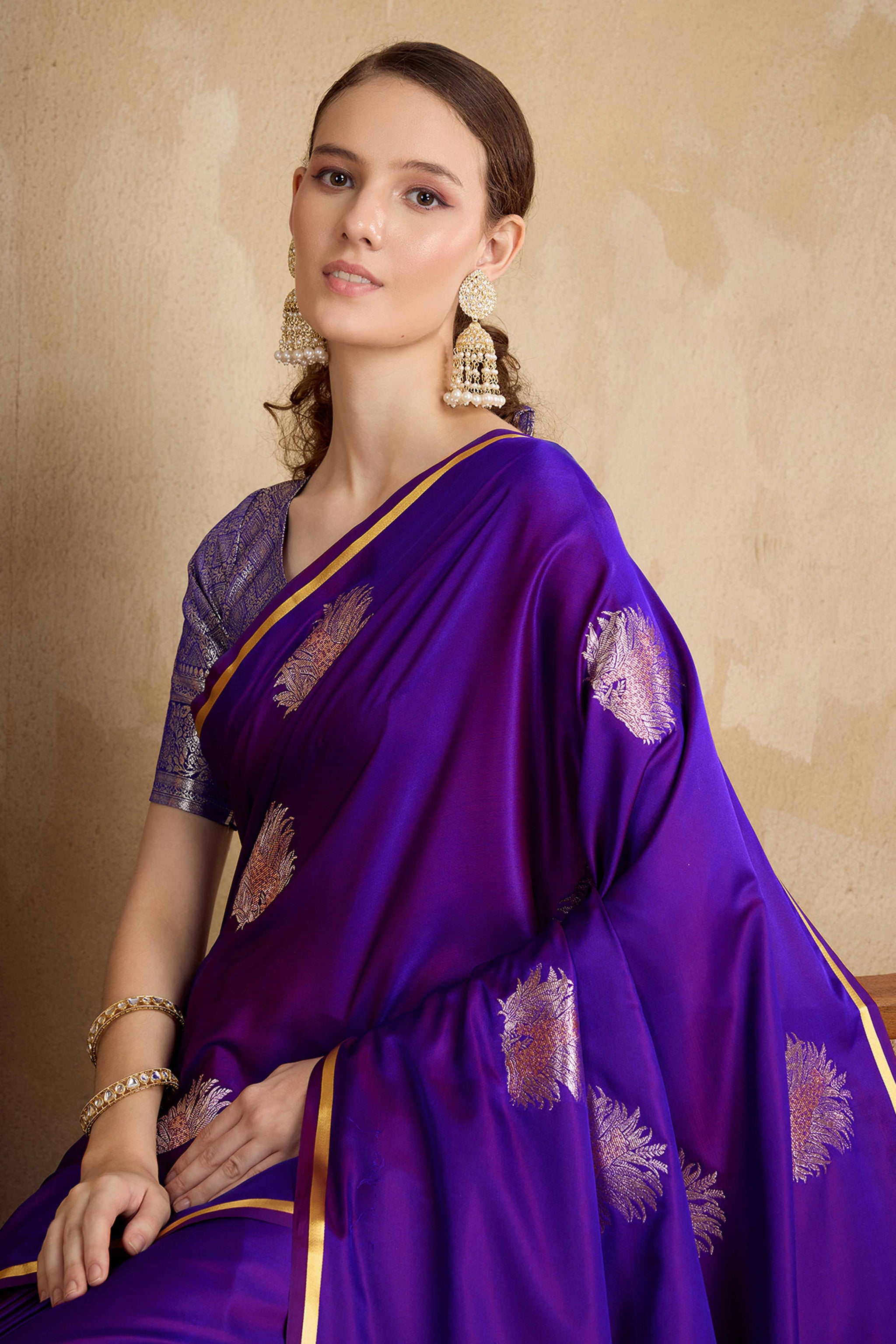 Violet Satin Saree Featuring Intricate Handloom Weaving