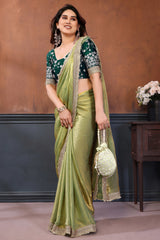 Mint Green Solid Satin Saree with Sequins Work Embroidery Elegant Partywear Drape