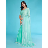 Turquoise Solid With Zarkan & Ceramic Pearl Diamond Lace Tissue Saree