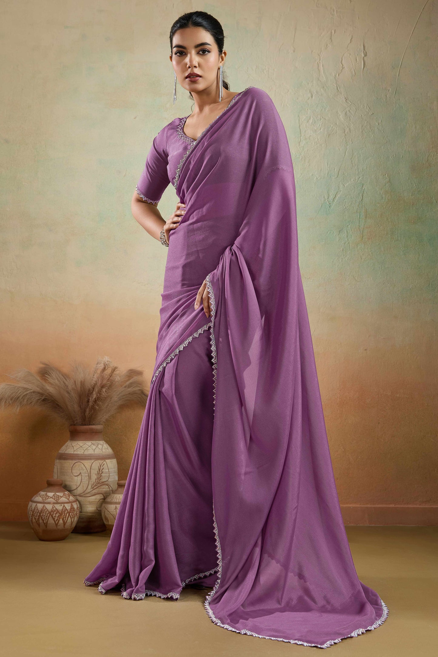 Orchid Purple Solid Matt Georgette Saree With Ceramic Embellished Lace Border