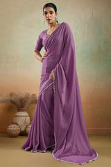 Orchid Purple Solid Matt Georgette Saree With Ceramic Embellished Lace Border