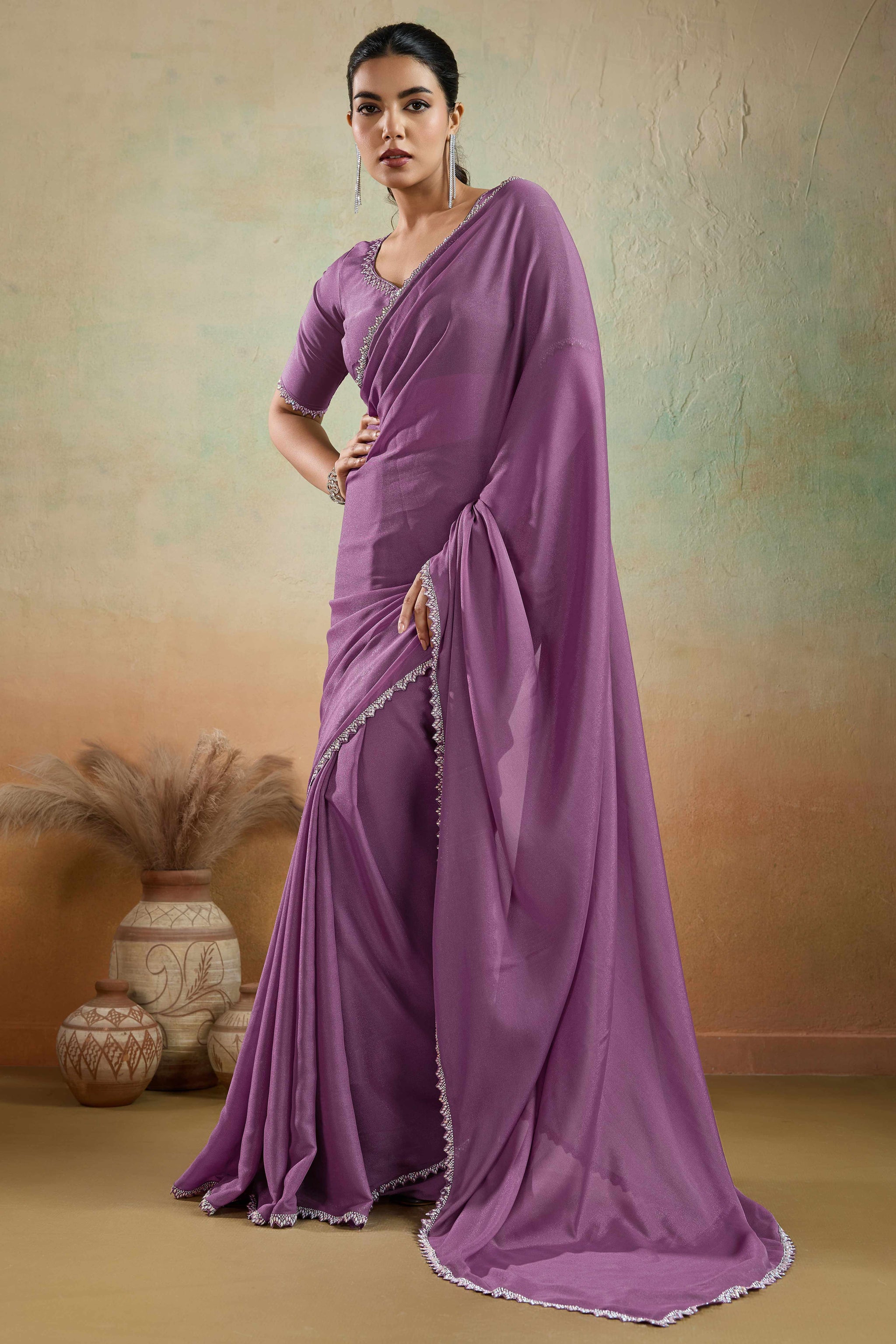 Orchid Purple Solid Matt Georgette Saree With Ceramic Embellished Lace Border