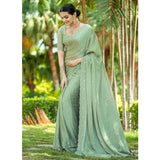 Green Embellished Satin Saree With Stones Work