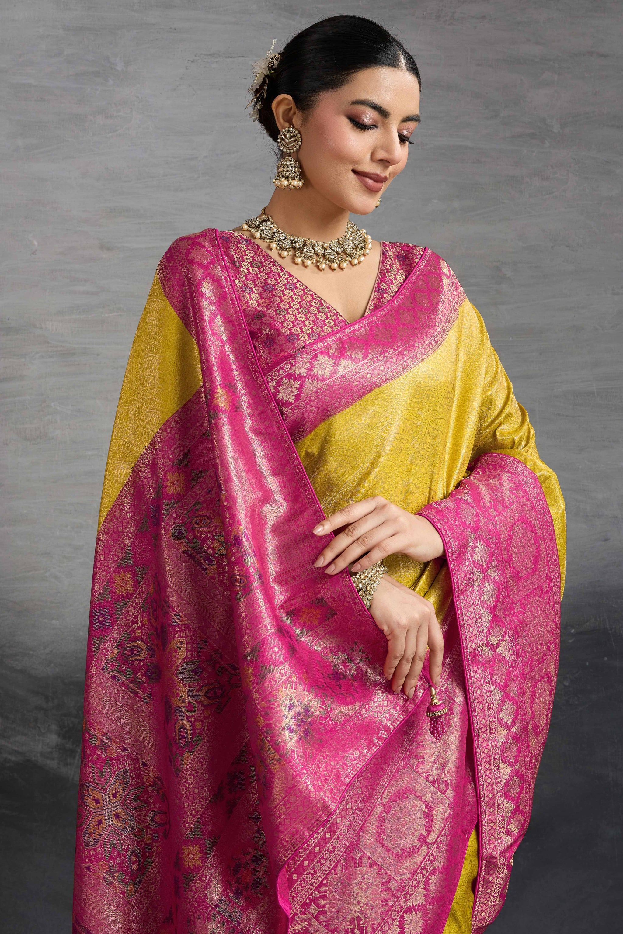 Traditional Mustard Kanjivaram Soft Silk Saree with Bold Kadiyal Weave