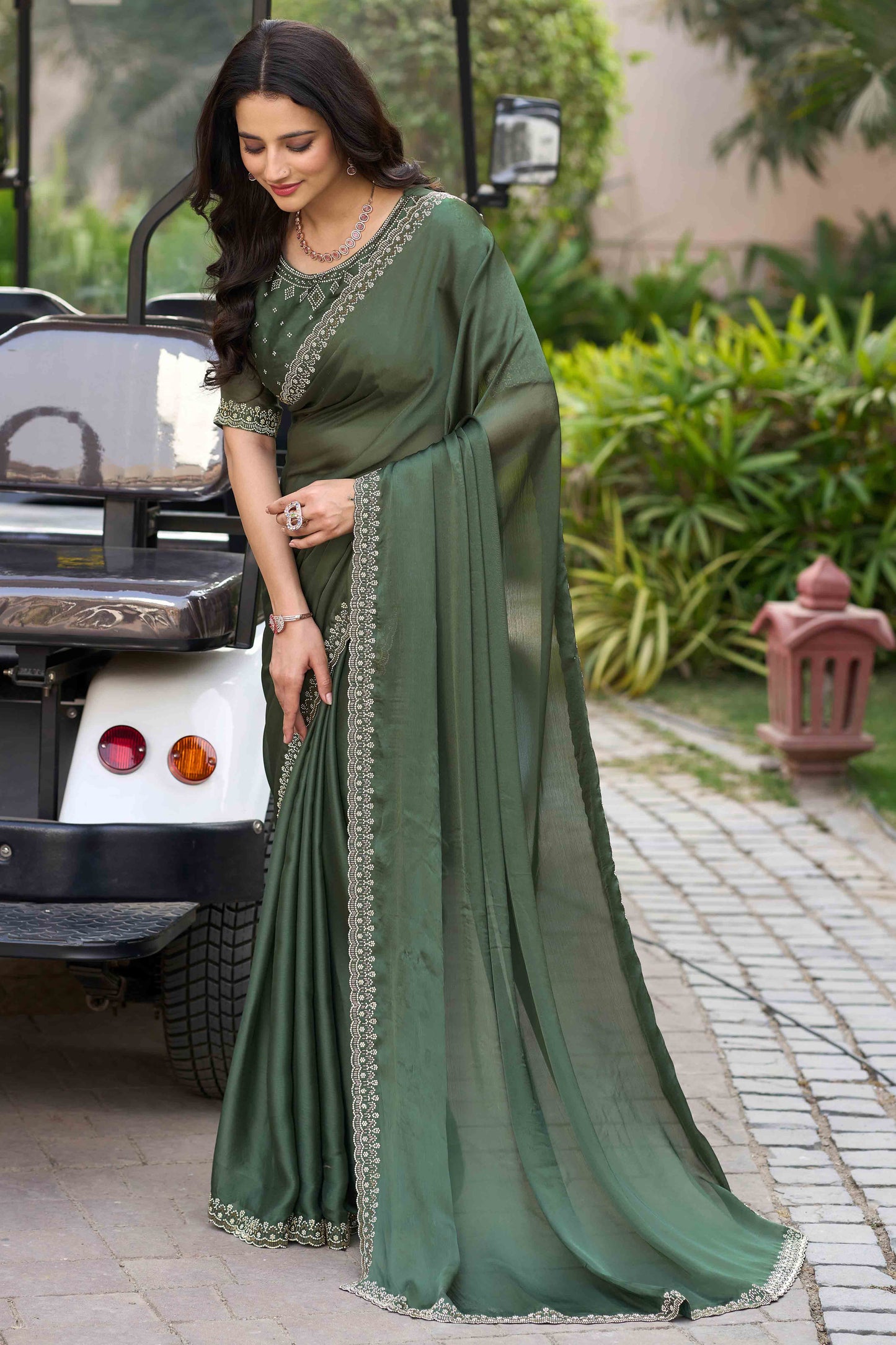 Green Solid Satin Chiffon Saree With Cutdana & Zarkan Handwork