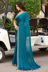 Rama Blue Solid Satin Chiffon Saree With Cutdana & Zarkan Handwork