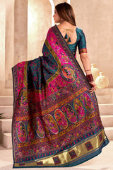 Traditional Teal Rajwadi Weaving Pashmina Silk Saree With Kashmiri Pallu & Elegant Zari Border