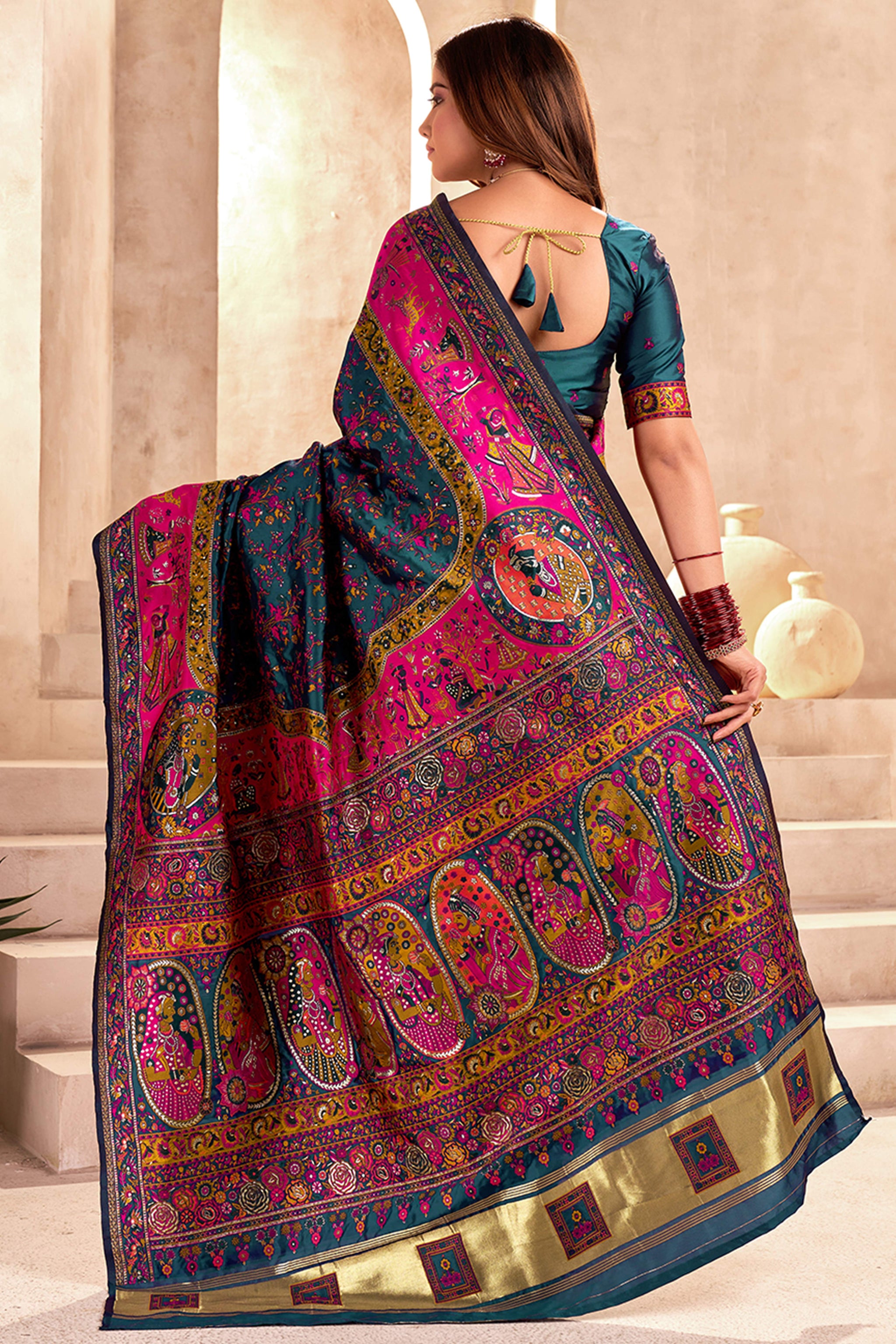 Traditional Teal Rajwadi Weaving Pashmina Silk Saree With Kashmiri Pallu & Elegant Zari Border