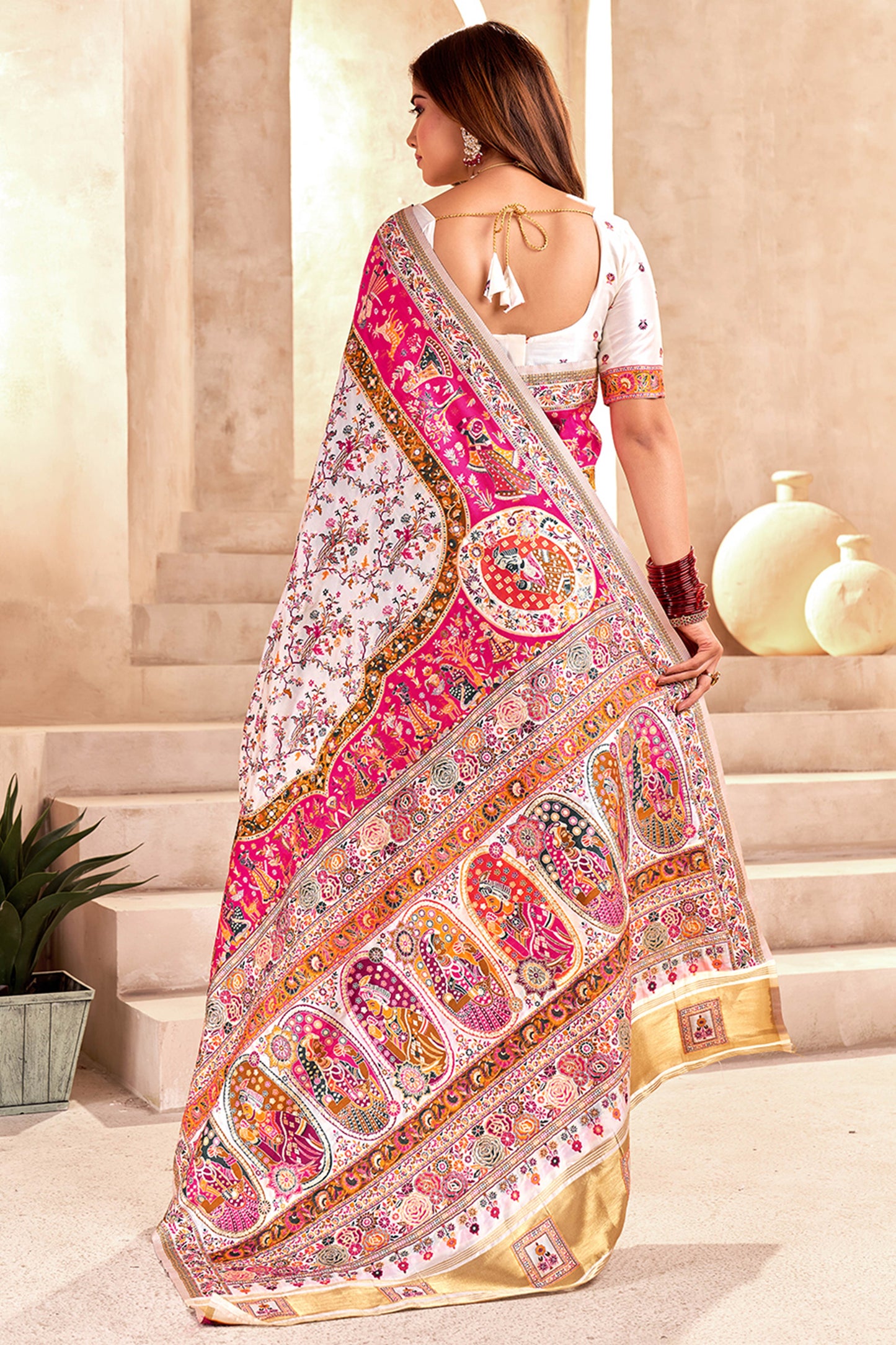 Traditional White Rajwadi Weaving Pashmina Silk Saree With Kashmiri Pallu & Elegant Zari Border