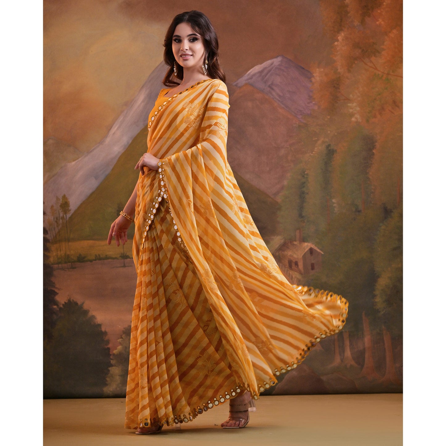 Yellow Leheriya With Floral Foil Printed Georgette Saree