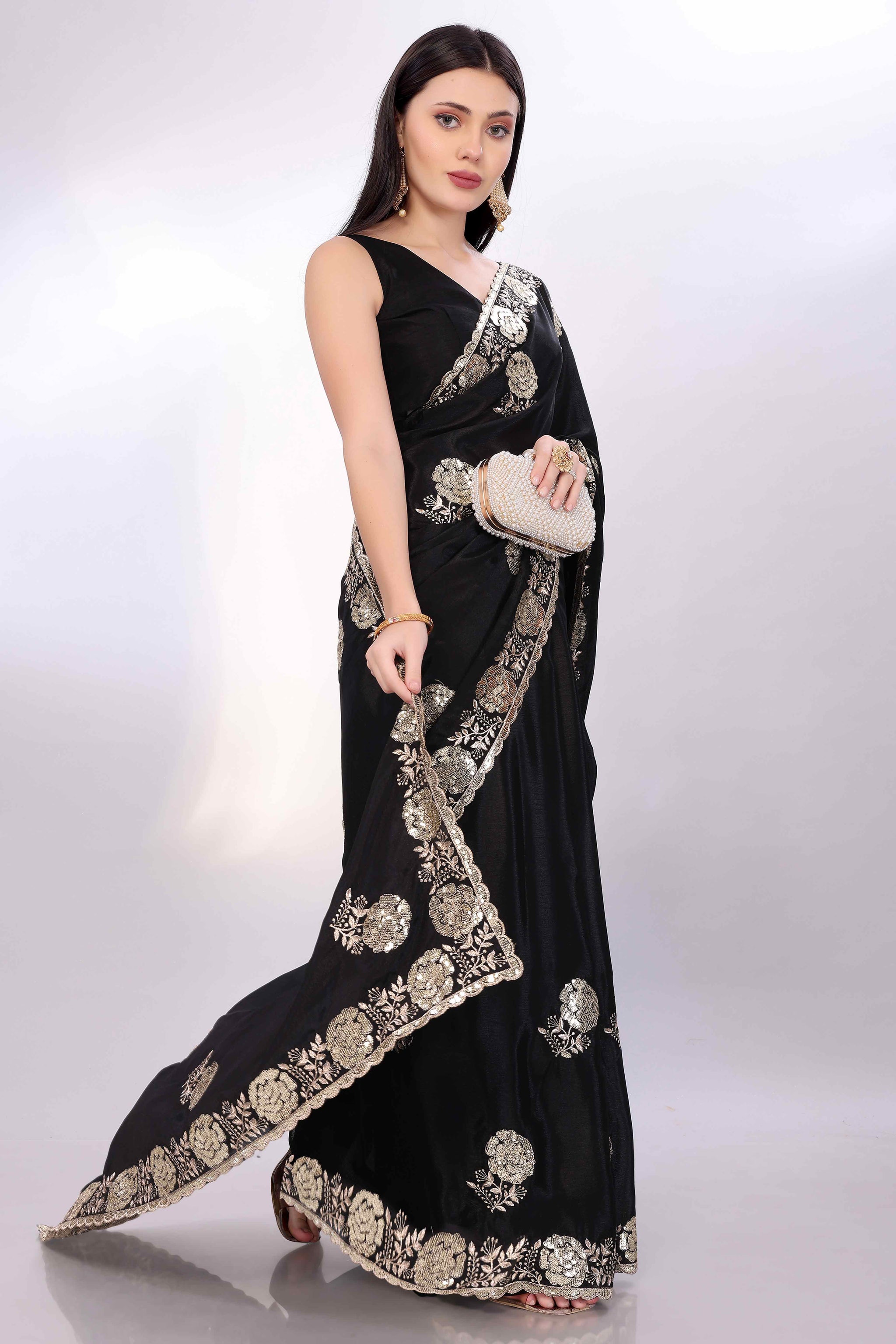 Black Saree Featuring Intricate Floral Embroidery With Sequins On Chinon Silk