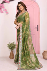 Green Georgette Saree with Traditional Bandhani Print and Lace Accents