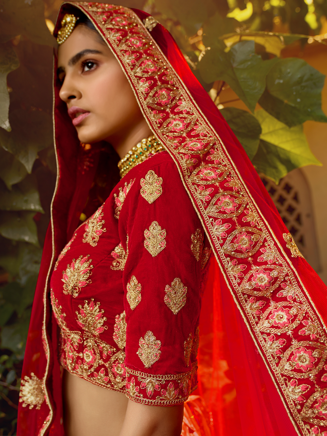 Red Embroidered Velvet Semi Stitched Lehenga With Unstitched Blouse