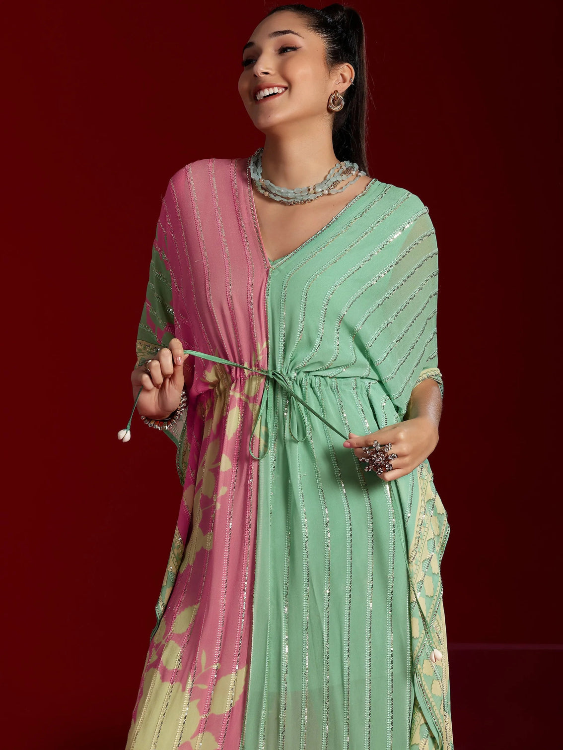 Mameraa Art Sea Green Printed Poly Georgette 3 Piece Co-Ords