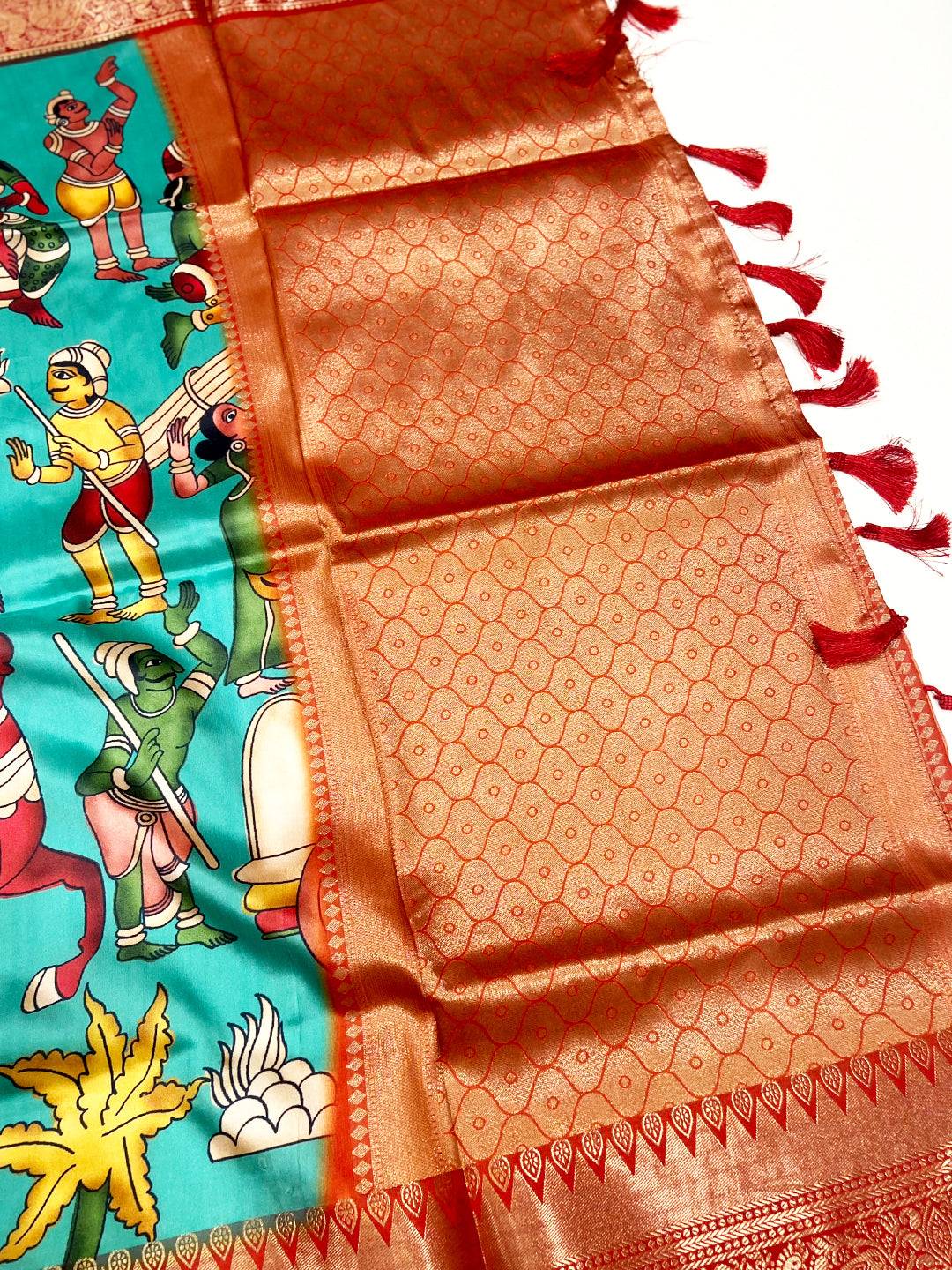 Turquoise Banarasi Silk Kalamkari Saree