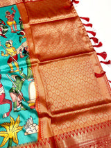 Turquoise Banarasi Silk Kalamkari Saree