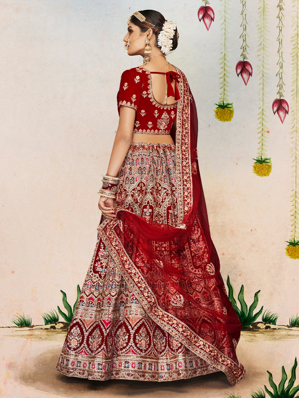 Maroon Velvet Semi Stitched Lehenga With Unstitched Blouse