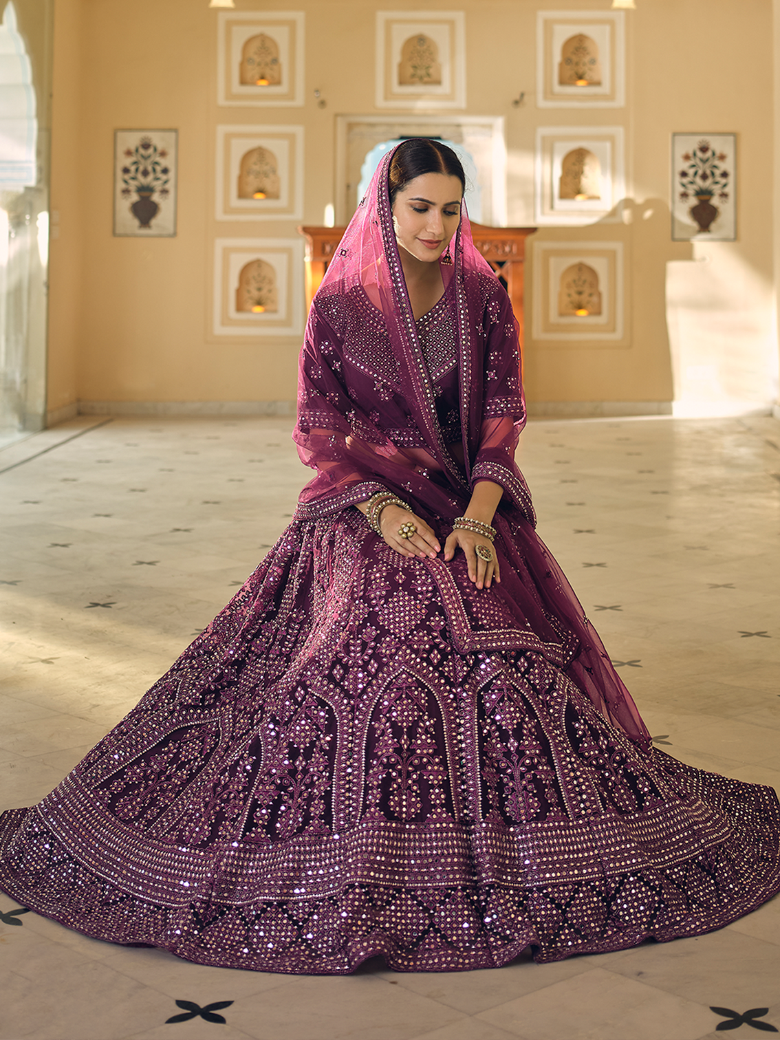 Purple Soft Net Semi Stitched Lehenga With Unstitched Blouse