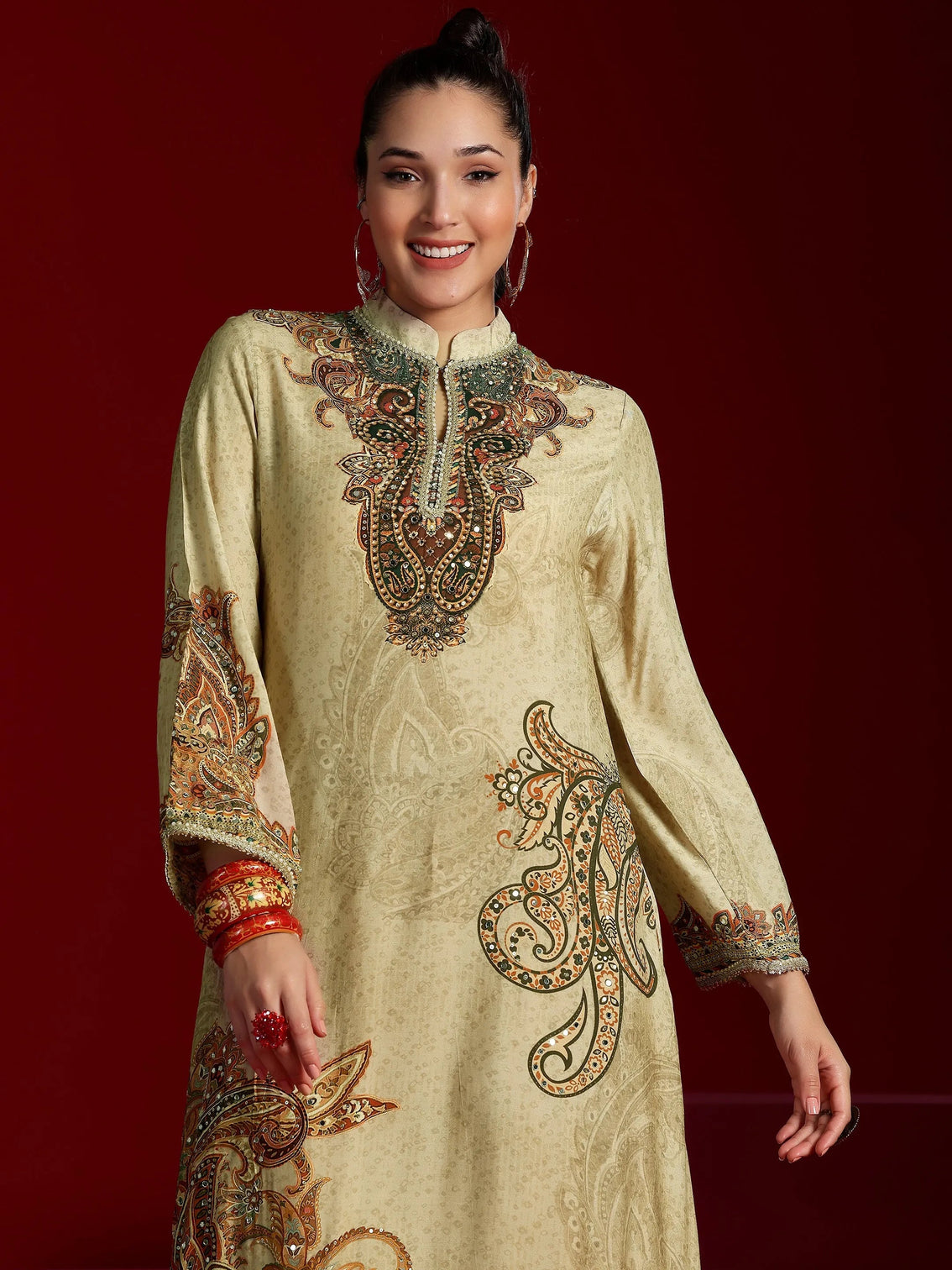 Mameraa Art Beige Printed Silk Blend Co-Ords