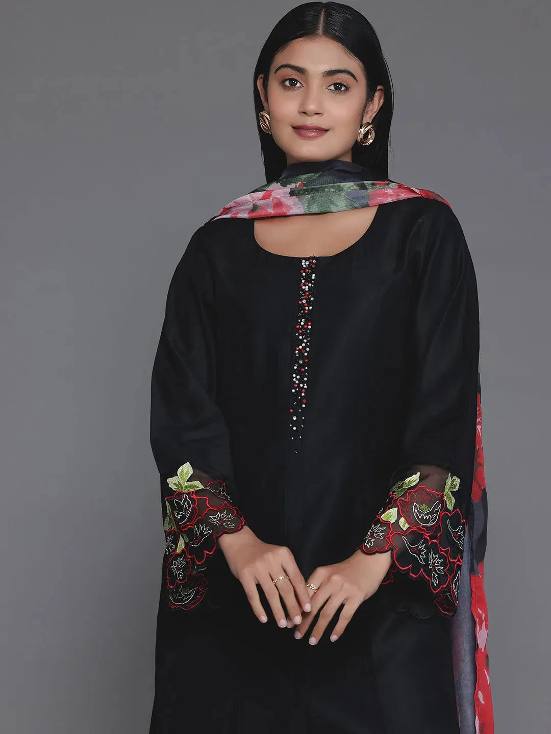 Mameraa Black Solid Silk Blend Straight Suit With Dupatta