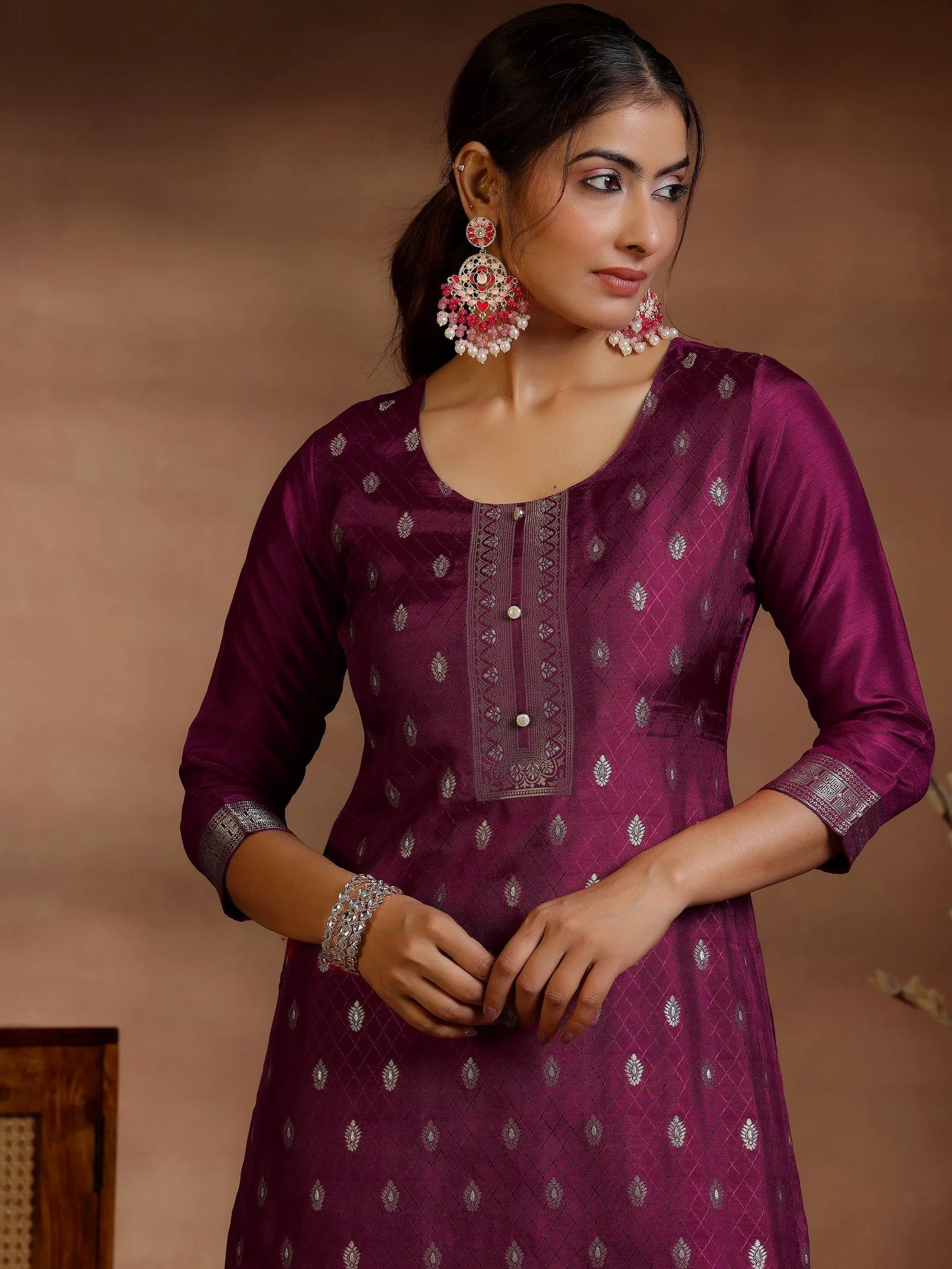Libas Burgundy Woven Design Silk Blend Straight Suit With Dupatta
