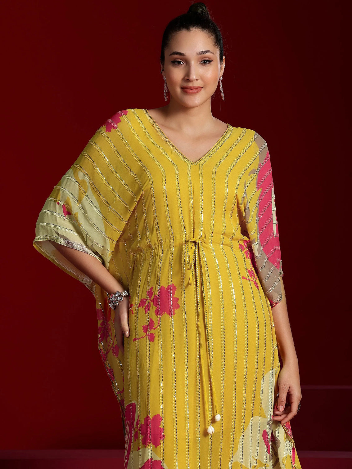 Mameraa Art Yellow Printed Poly Georgette 3 Piece Co-Ords