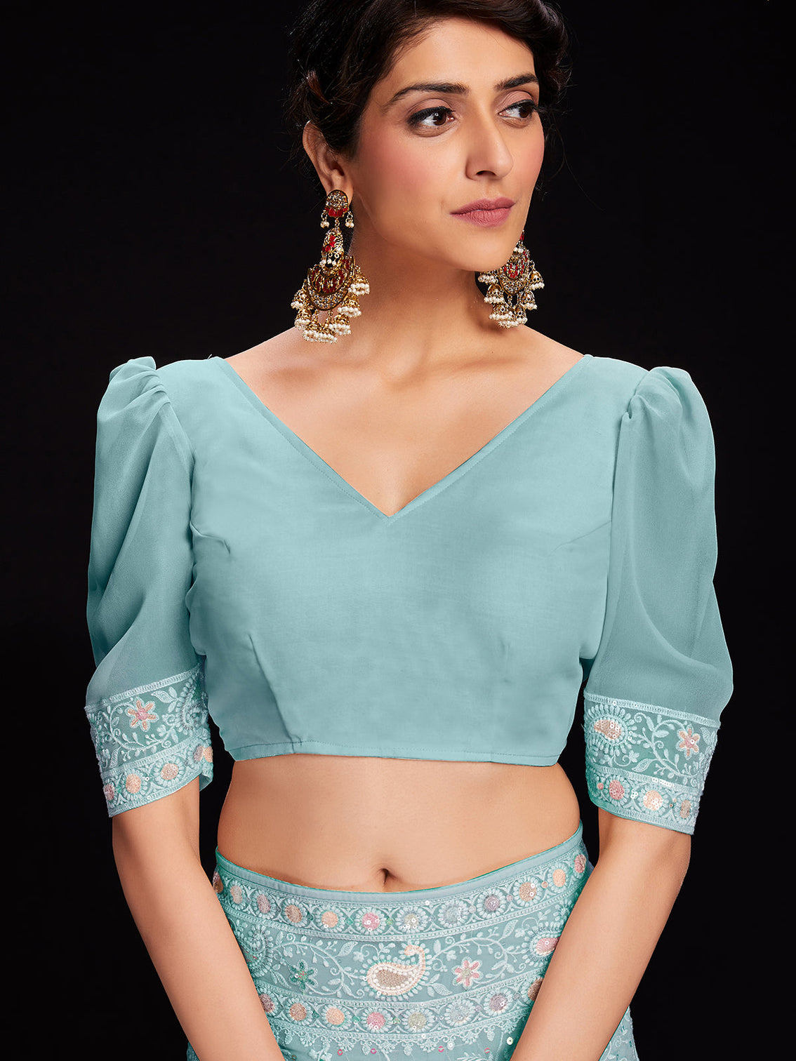 Blue Georgette Embroidered Saree With Unstitched Blouse
