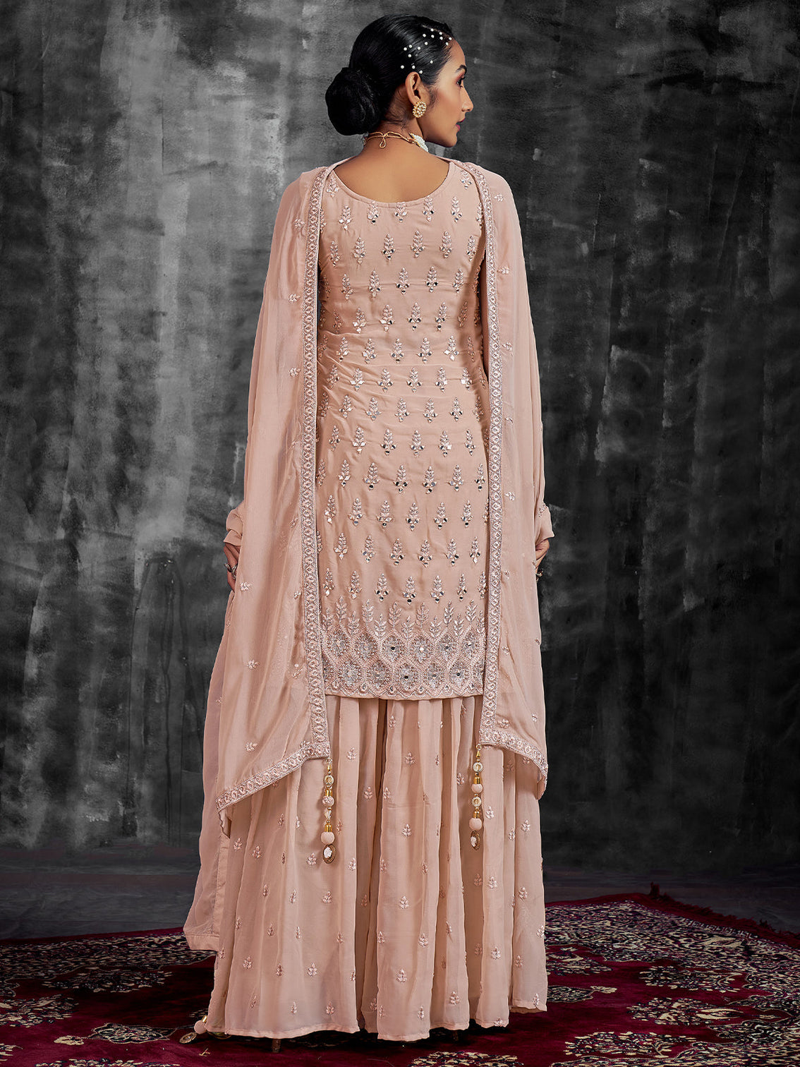 Classic Embroidered Peach Georgette Stitched Kurta Set
