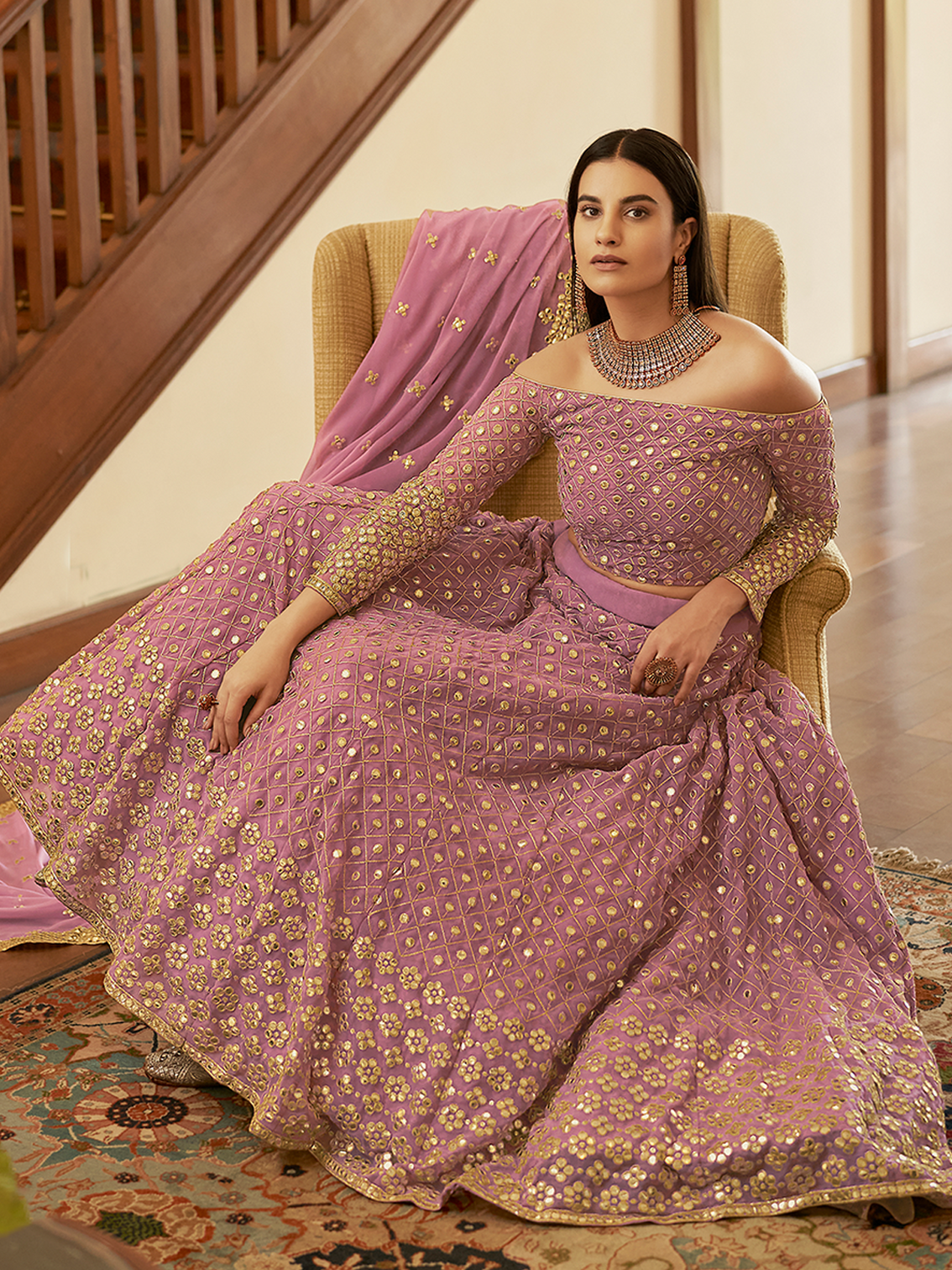 Purple Embroidered Georgette Semi Stitched Lehenga With Unstitched Blouse