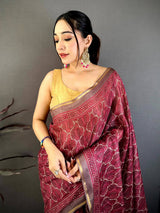 Wine Ajrakh Digital Print Kota Saree