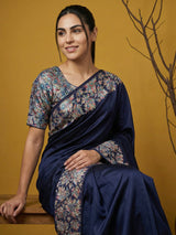 Soft Silk Printed Floral Saree with Rainbow Zari Woven Pallu and Contrast Blouse Festive Party Wear Saree