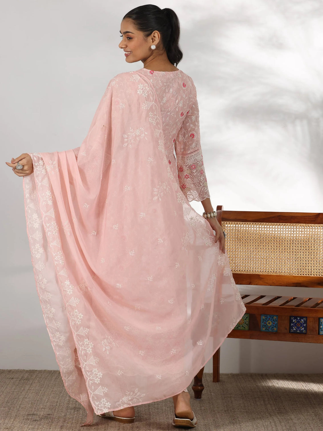 Mameraa Pink Embroidered Organza Anarkali Suit With Dupatta