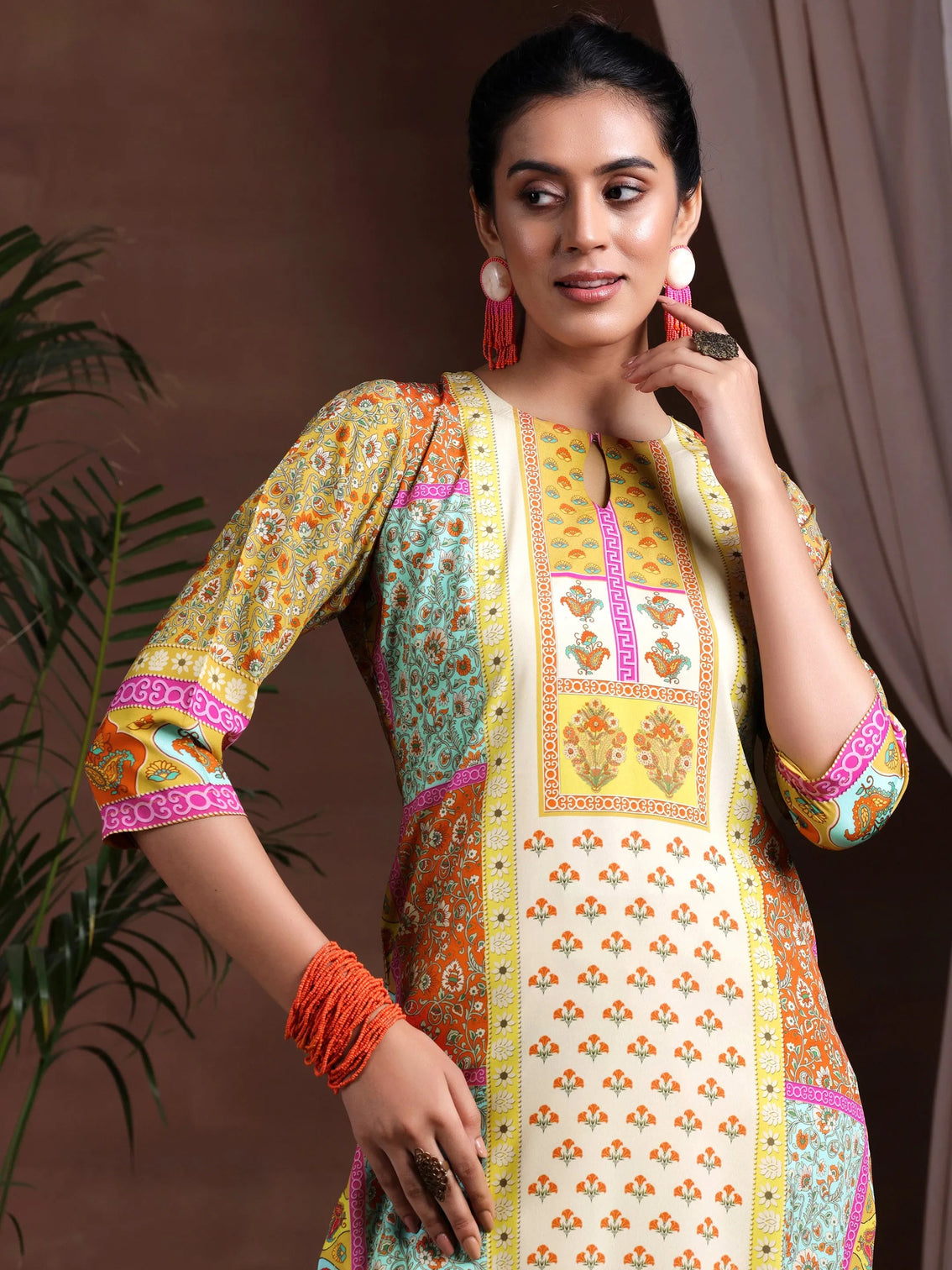 Mameraa Mustard Printed Poly Crepe Straight Suit With Dupatta