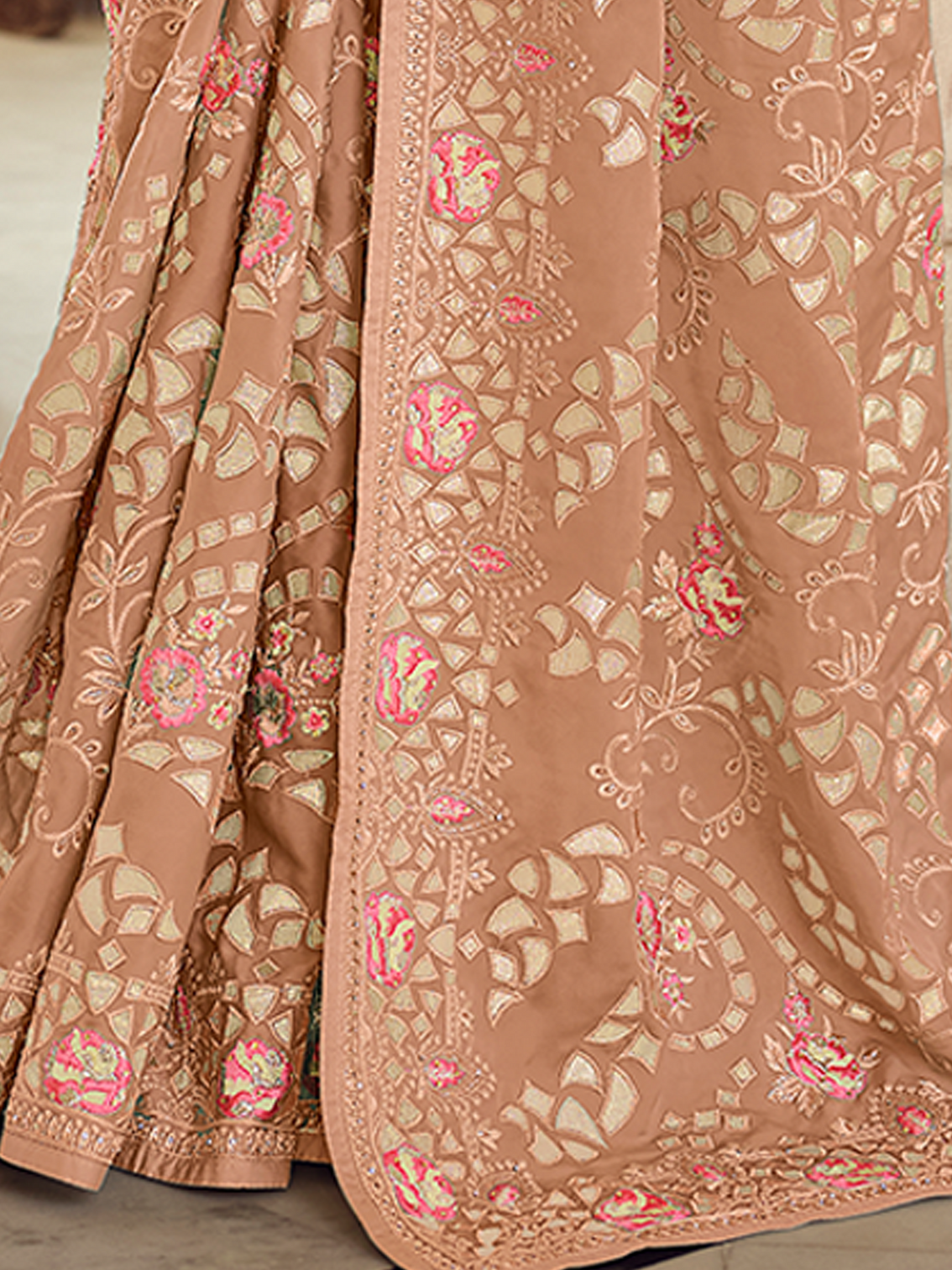 Brown Satin Georgette Saree With Unstitched Blouse