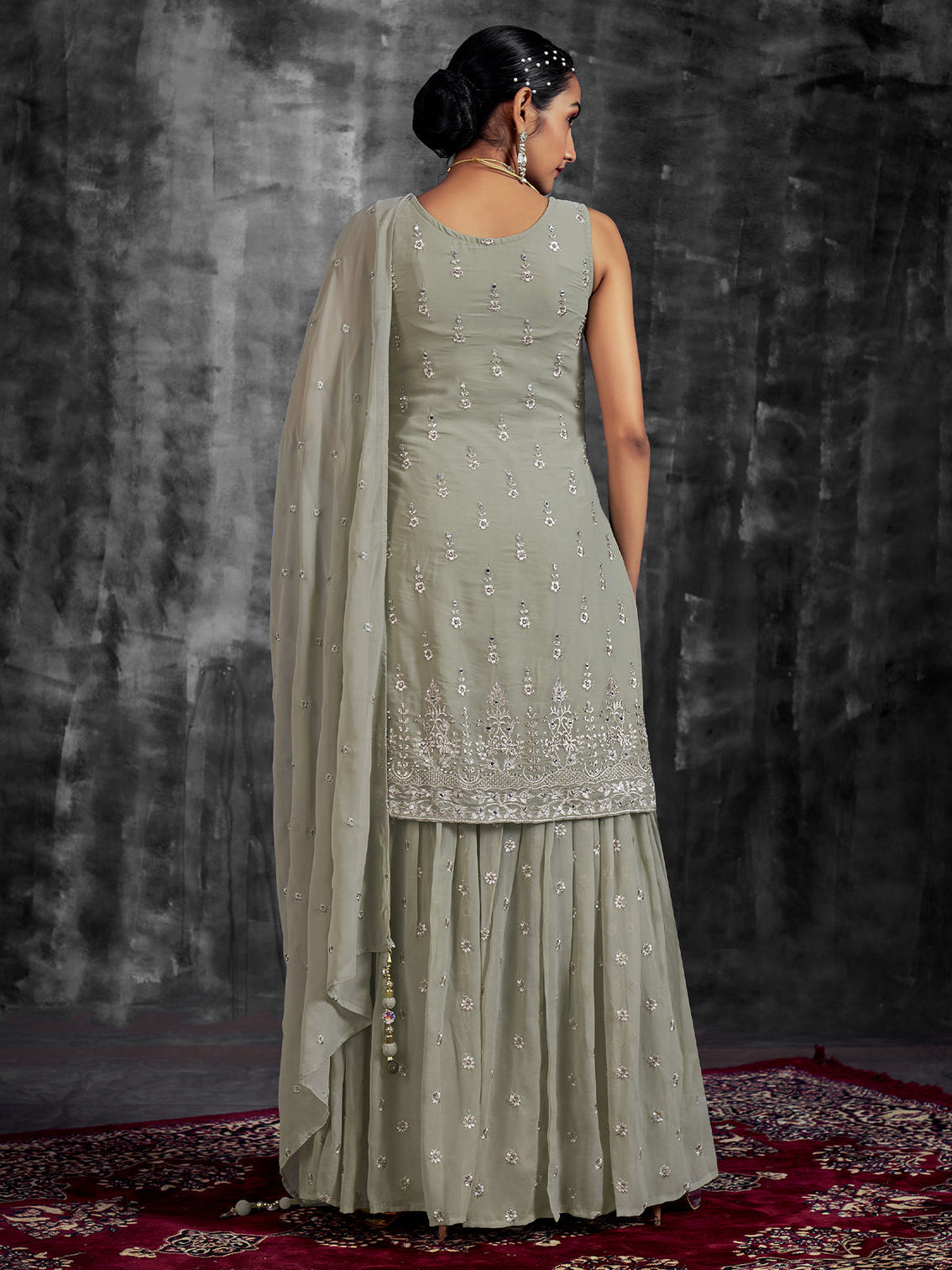 Green Embroidered Georgette Partywear Stitched Kurta Set