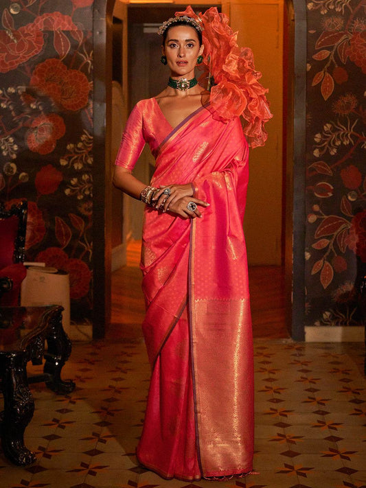 Orange Silk Blend Saree With Blouse Piece